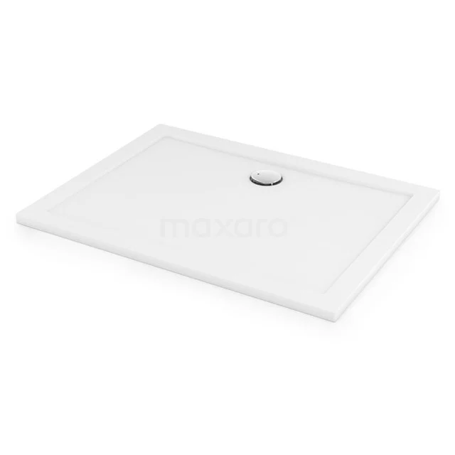 Weiße rechteckige Duschwanne aus Keramik mit Abflussloch, ideal für stilvolle Badezimmergestaltungen.
