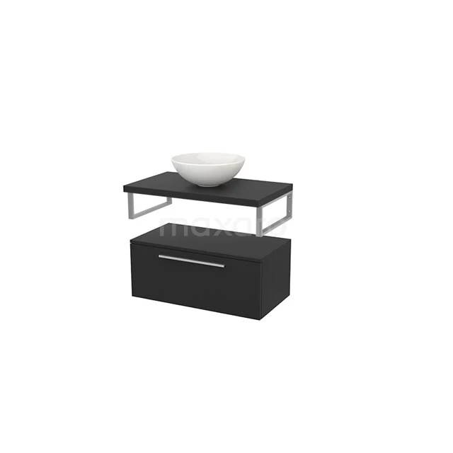 Low Bathroom cabinet with Basin worktop 80x35cm Modulo+ Plato Carbon 1 Drawers Flat BMR000205 Black floating basin set with ceramic basin, metal holders and drawers; ideal for modern bathrooms.
