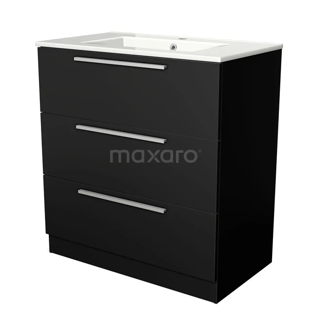 Modulo Vanity units with basin | 80 cm Matte black Flat front Ceramic 3 standing drawers BMW19S-00001