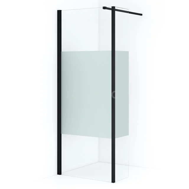 Duschwand mit Mattglas und schwarzen Profilen, modernes Design, ideal für eine stilvolle und funktionale Badezimmerinrichtung.