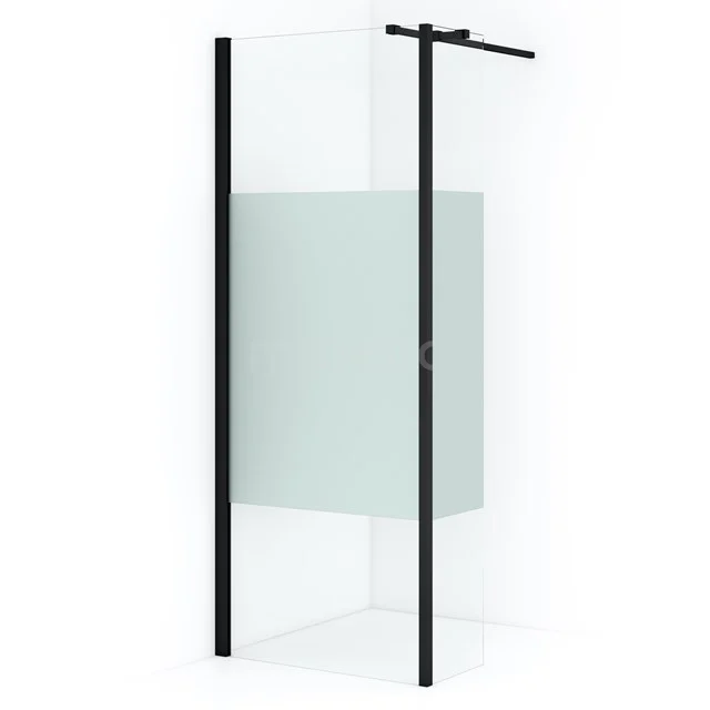 Schwarze Duschwand mit Schiebetür, Mattglasdetail und minimalistischem Design, perfekt für ein modernes Badezimmer.