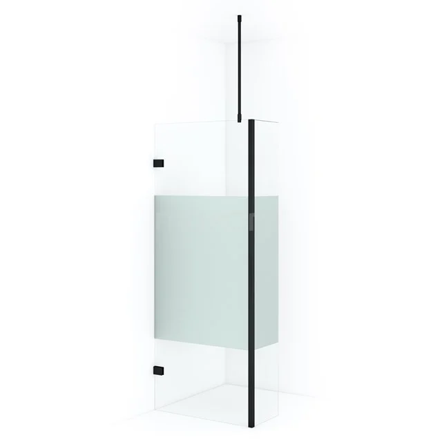 Duschwand mit matter Glasstreifen, schwarzes Aluminiumprofil, modernes Design; ideal für ein stilvolles und praktisches Badezimmer.
