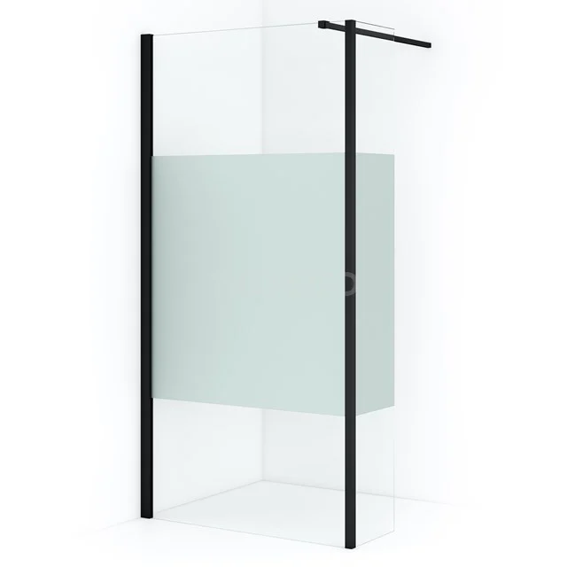 Schwarze begehbare Dusche mit mattglas Paneel, modernes Design und klare Linien, perfekt für eine stilvolle Badezimmer Einrichtung.