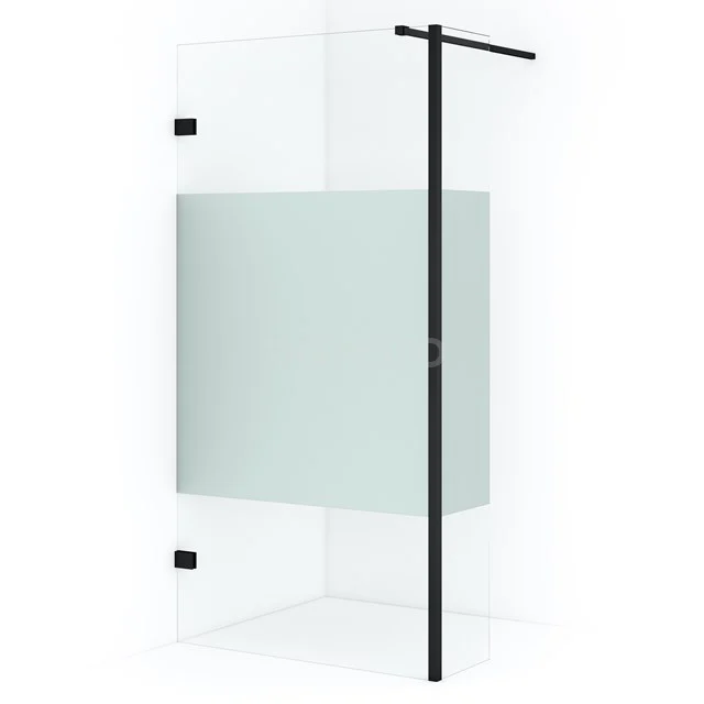 Eck-Duschwand aus Klarglas mit matt schwarzem Rahmen und mattem Sichtschutzglas; moderne Badezimmerlösung für einen stilvollen Auftritt.