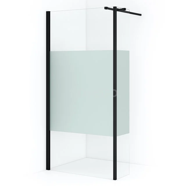 Diamond Walk-in shower | 90 cm Matte black Clear with matt strip Fixed wall with side panel IDC0903313MB Shower screen with frosted glass, black frame, modern design; ideal for a stylish and functional bathroom space.