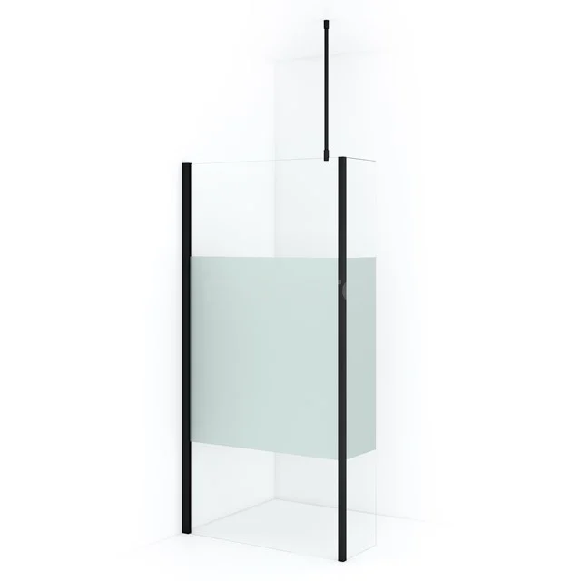 Moderne schwarze Duschwand mit Klarglas und mattem Mittelstreifen, geeignet als stilvolle Trennwand im Badezimmer.