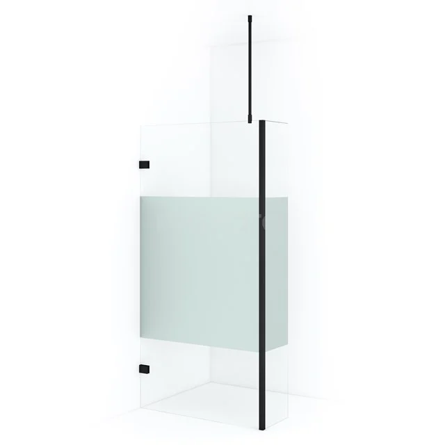 Diamond Walk-in shower | 90 cm Matte black Clear with matt strip Fixed wall with side panel IDC0903723MB Shower screen with frosted glass, black frame and sleek design, ideal for modern bathroom interiors.