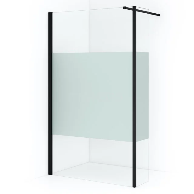 Duschwand mit mattgläserner Platte, schwarzen Profilen und Eckdesign, ideal als stilvolle Trennwand in modernen Bädern.