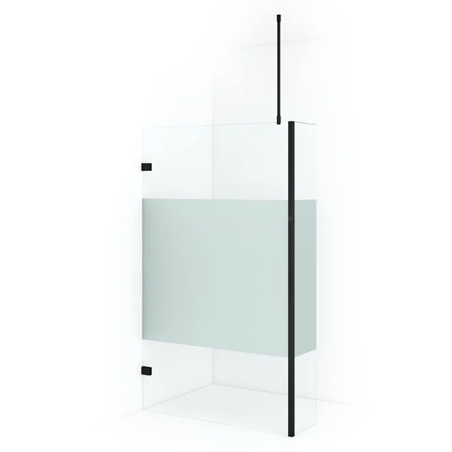 Diamond Walk-in shower | 110 cm Matte black Clear with matt strip Fixed wall with side panel IDC1103723MB Shower screen with frosted glass, black frame and sleek design, ideal for a modern bathroom style.