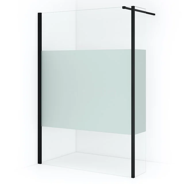 Duschwand mit Mattglas, Schwarz Profil und Eckaufstellung, modernes Design, ideal für stilvolle Badezimmergestaltung.