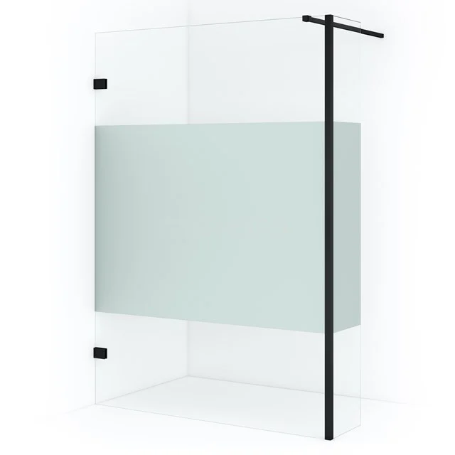 Begehbare Duschwand mit Mattglas und schwarzen Details, modernes Design, ideal für ein stilvolles und geräumiges Badezimmer.