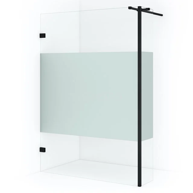 Schwarze industrielle begehbare Dusche mit mattem Glaspaneel, klaren Linien und modernem Design, perfekt für ein stilvolles Badezimmer.