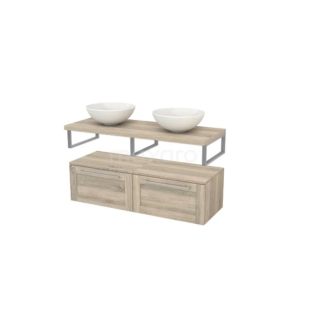 Badmöbelset mit Doppelwaschbecken, Holzdesign in hellem Eicheton, Metallrahmen und modernen Schubladen.