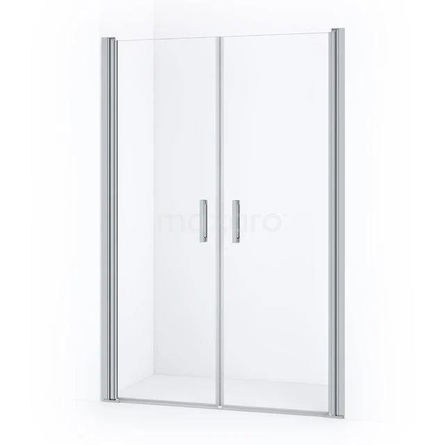 Glass shower door with double sliding panel and silver profiles, ideal for a modern bathroom.