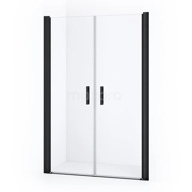 Glasene Duschtür mit schwarzen Aluminiumprofilen, doppelte Schiebetüren; ideal für einen modernen Badezimmerstil.