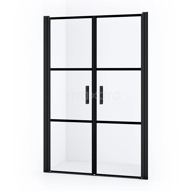 Schwarze industrielle Duschtür mit Glaspanelen und doppelten Haltegriffen, ideal für einen modernen Badezimmerstil.