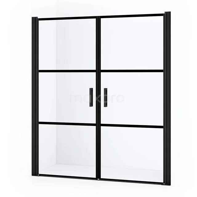 Diamond Shower door | 160 cm Matte black Clear with 4 black stripes Bi-fold door DDE1080818MB Black glass shower door with industrial design, frosted black accents and steel frame, perfect for a modern bathroom style.