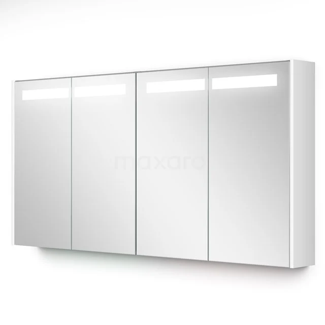 Weiße Badezimmer Spiegelschrank mit vier Türen, integrierter LED-Beleuchtung und schlankem Design. Perfekt für ein modernes Badezimmer.