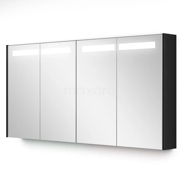 Moderne schwarze Spiegelschrank mit vier Spiegeltüren und integrierter LED-Beleuchtung, ideal für stilvolle Badezimmerlagerung.