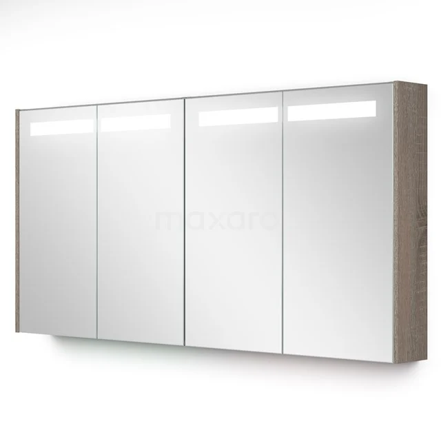 Spiegelschrank mit vier Türen, LED-Beleuchtung und Holzoptik-Seiten, ideal für ein modernes Badezimmer.