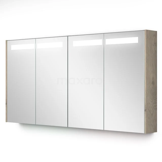Spiegelschrank mit vier Türen, LED-Beleuchtung und Holzseiten, perfekt für moderne Badezimmerlagerung.