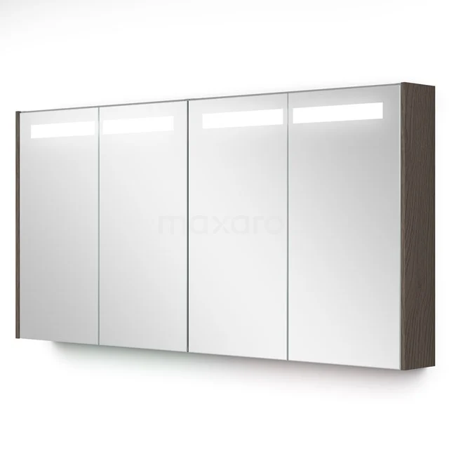 Stilvoller Badschrank mit vier Spiegeltüren, grauen Seitenpaneelen und integrierter LED-Beleuchtung für moderne Badezimmergestaltung.