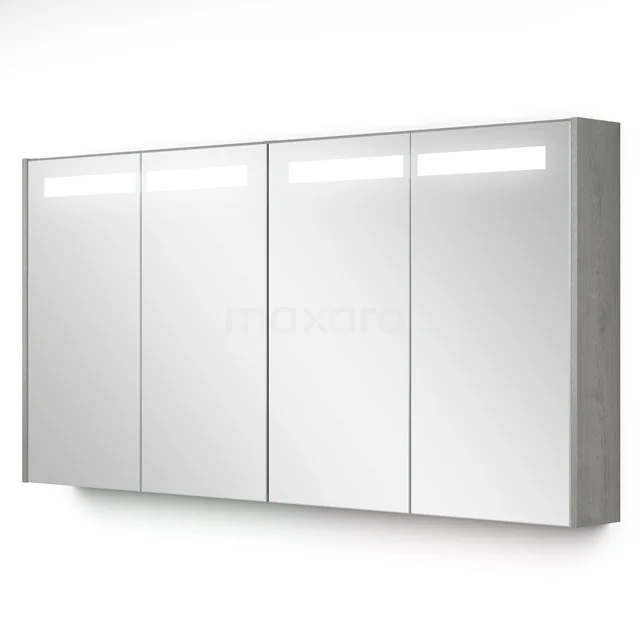 Moderne weiße Spiegelschrank mit LED-Beleuchtung, vier Türen und einem schlichten Design. Ideal für zusätzlichen Stauraum im Badezimmer.