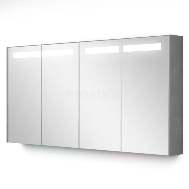 Spiegelschrank mit Beleuchtung Modulo 137.6x70cm aus hellgrauem Beton K99-1400-59008-50 Breiter Spiegelschrank Badezimmer, Aluminiumgehäuse, vier Spiegeltüren mit integrierter LED-Beleuchtung und modernem Erscheinungsbild.