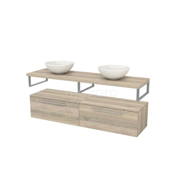 Holz-Badmöbel mit doppelten Aufsatzwaschbecken, modernes Design und Metallrahmen, ideal für eine stilvolle Badezimmergestaltung.