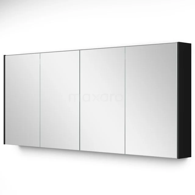 Moderne schwarze Badezimmer Spiegelschrank, vier Türen, minimalistisches Design, glänzendes Glas, ideal für stilvolle Badezimmeraufbewahrung.