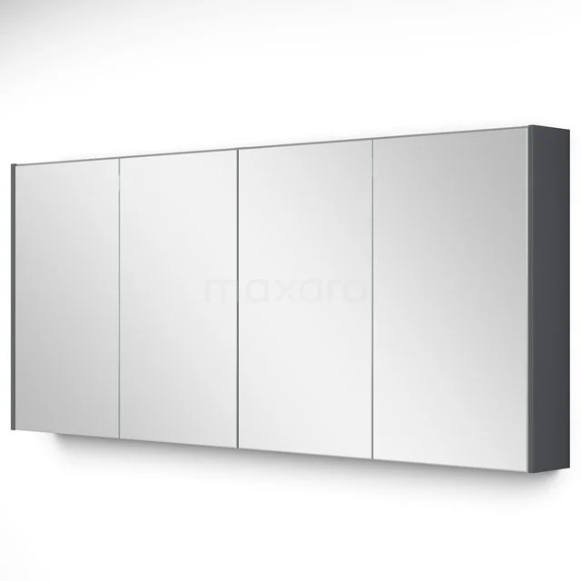 Wandhängender Badschrank mit vier Spiegeldecken, schlichten grauen Seitenpaneelen und minimalistischem Design.