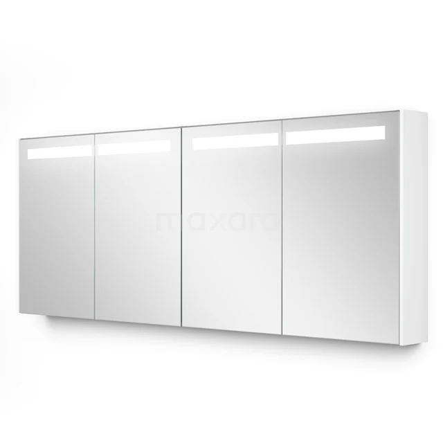 Weiße Badezimmer Spiegelschrank mit LED-Beleuchtung, vier Türen und schlankem Design, ideal für moderne Badezimmerlagerung.