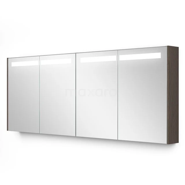 Breiter Spiegelschrank mit LED-Beleuchtung, vier Türen und Holzseiten. Perfekte Aufbewahrungslösung für das moderne Badezimmer.