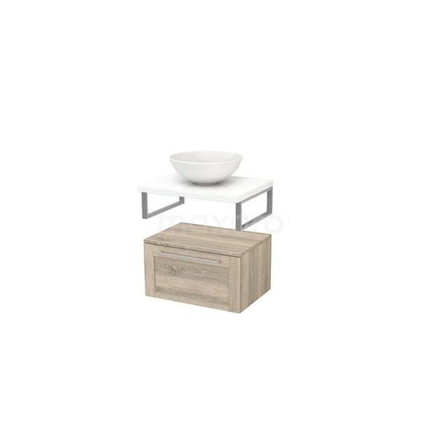 Modern bathroom furniture set with wooden base cabinet, white Basin worktop and ceramic countertop wash basin; stylish and compact design.