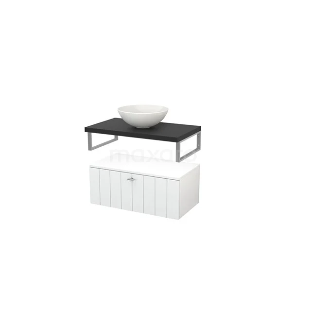 Low Bathroom cabinet with Basin worktop 80x35cm Modulo+ Plato High-gloss white Lamel BMR000256 White bathroom furniture set with black wood basin worktop, metal supports and round ceramic basin, modern and stylish design.