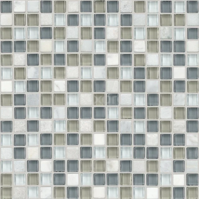 Tile sample, Mosaic, Luster Grey Mix 306-0101TS Mosaic tile in square pattern, grey-white tones, ideal for bathroom wall; glass and ceramic for a modern look.