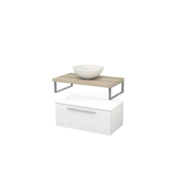 White bathroom unit with wood-look Basin worktop, metal frame and designer wash basin, ideal for modern bathroom design.