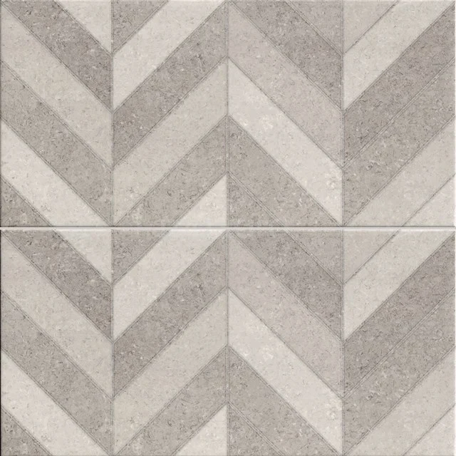 Graue keramische Badezimmerfliese mit Fischgrätmuster, langlebige Oberfläche, ideal für Böden und Wände.
