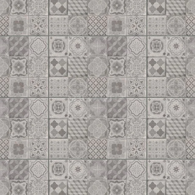 Grey ceramic bathroom tile with decorative patterns, square design, ideal for wall and floor covering.