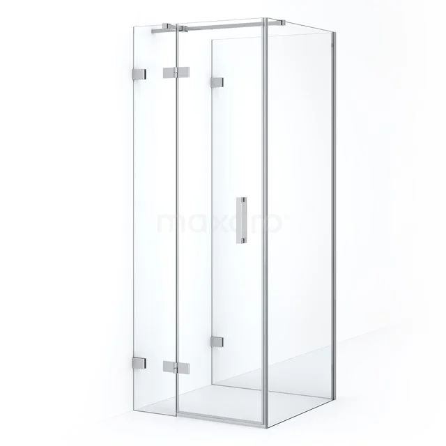 Corner shower enclosure with clear glass and stainless steel hinges, ideal for a modern bathroom style.