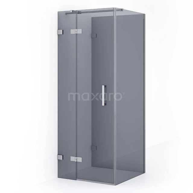 Glass shower enclosure with corner doors, grey transparent panels, stainless steel hinges, modern bathroom design.