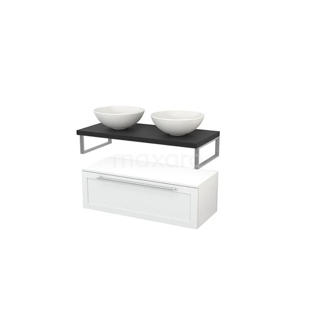 Double basin set with white base cabinet, black worktop and ceramic bowls, ideal for modern bathroom design.