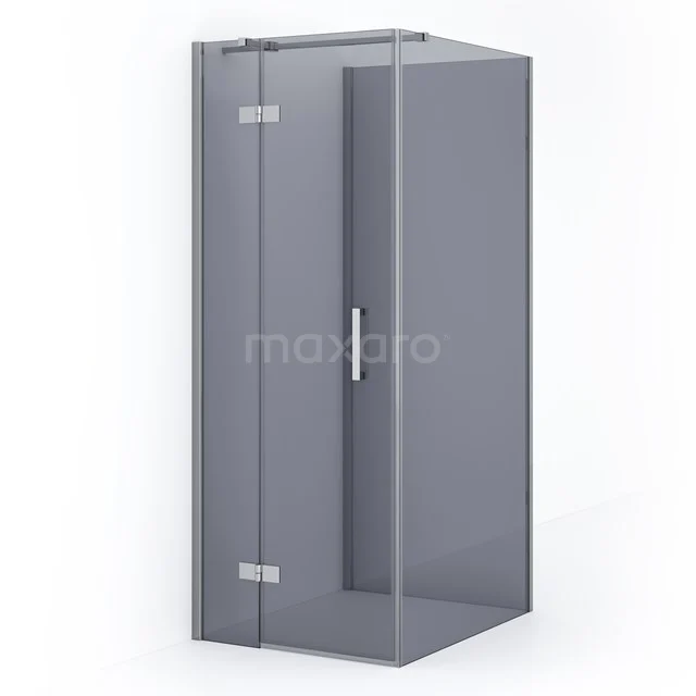 Grey rectangular corner shower cabin with glass doors and metal hinges, modern design for a stylish bathroom.
