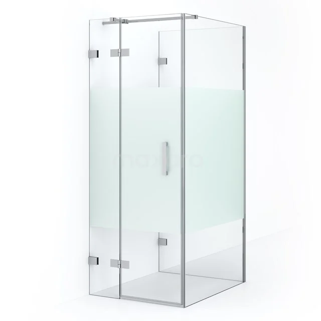 Modern glass shower enclosure with corner step, frosted glass details and chrome accents, ideal for a stylish bathroom.