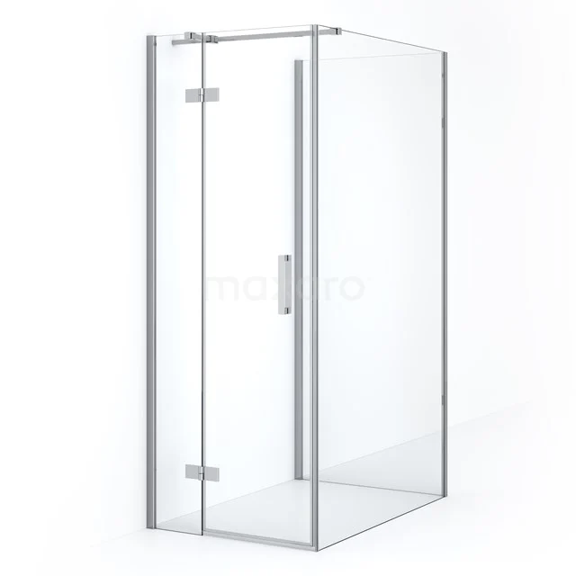 Glasene Duschkabine mit Eckeingang, silberfarbenem Rahmen, minimalistischem Design und geeignet für moderne Bäder.