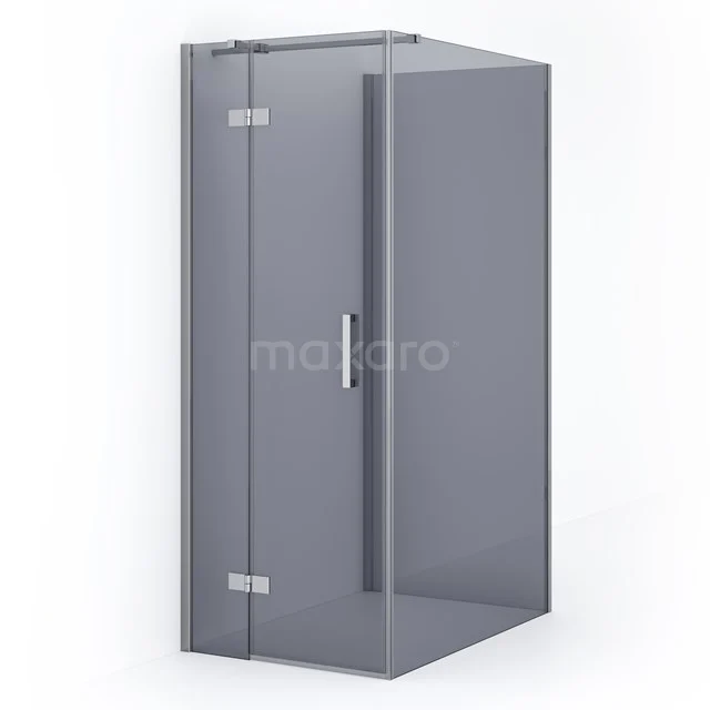 Grey glass shower enclosure with corner step, sleek metal handle and hinges, ideal for modern bathrooms.