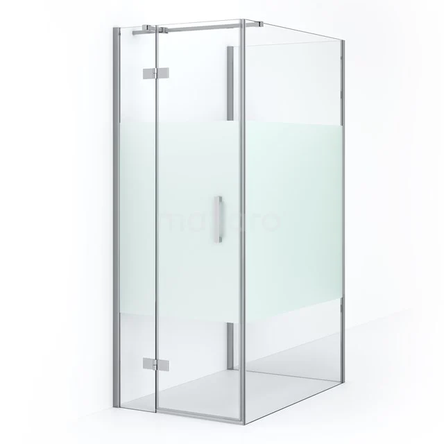 Corner shower cabin with clear glass and frosted strip, silver aluminium profile, ideal for a modern bathroom.