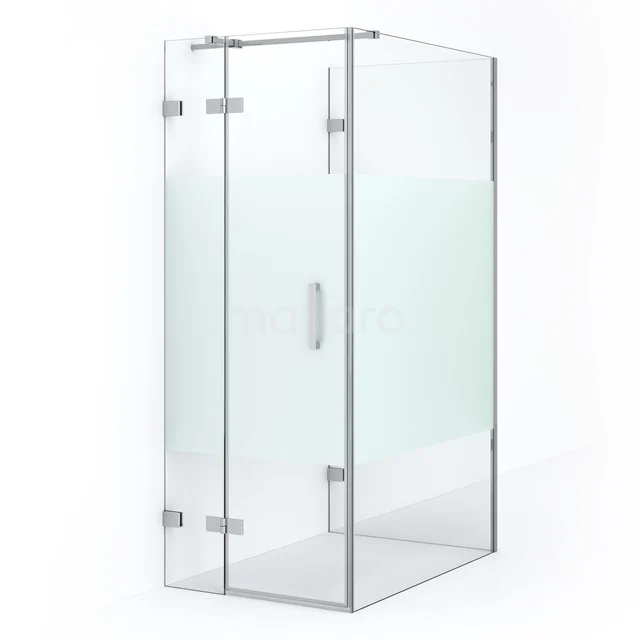 Glass shower enclosure with corner step, frosted glass detail and chrome hinges, ideal for a modern bathroom.