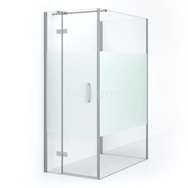 Glas Duschkabine mit Matt Weiß Streifen, eckigem Design, rostfreien Details und Schiebetür für ein modernes Badezimmer.