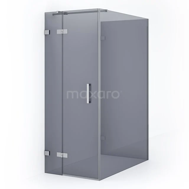 Grey glass shower enclosure with metal hinges, rectangular design for a modern bathroom style.